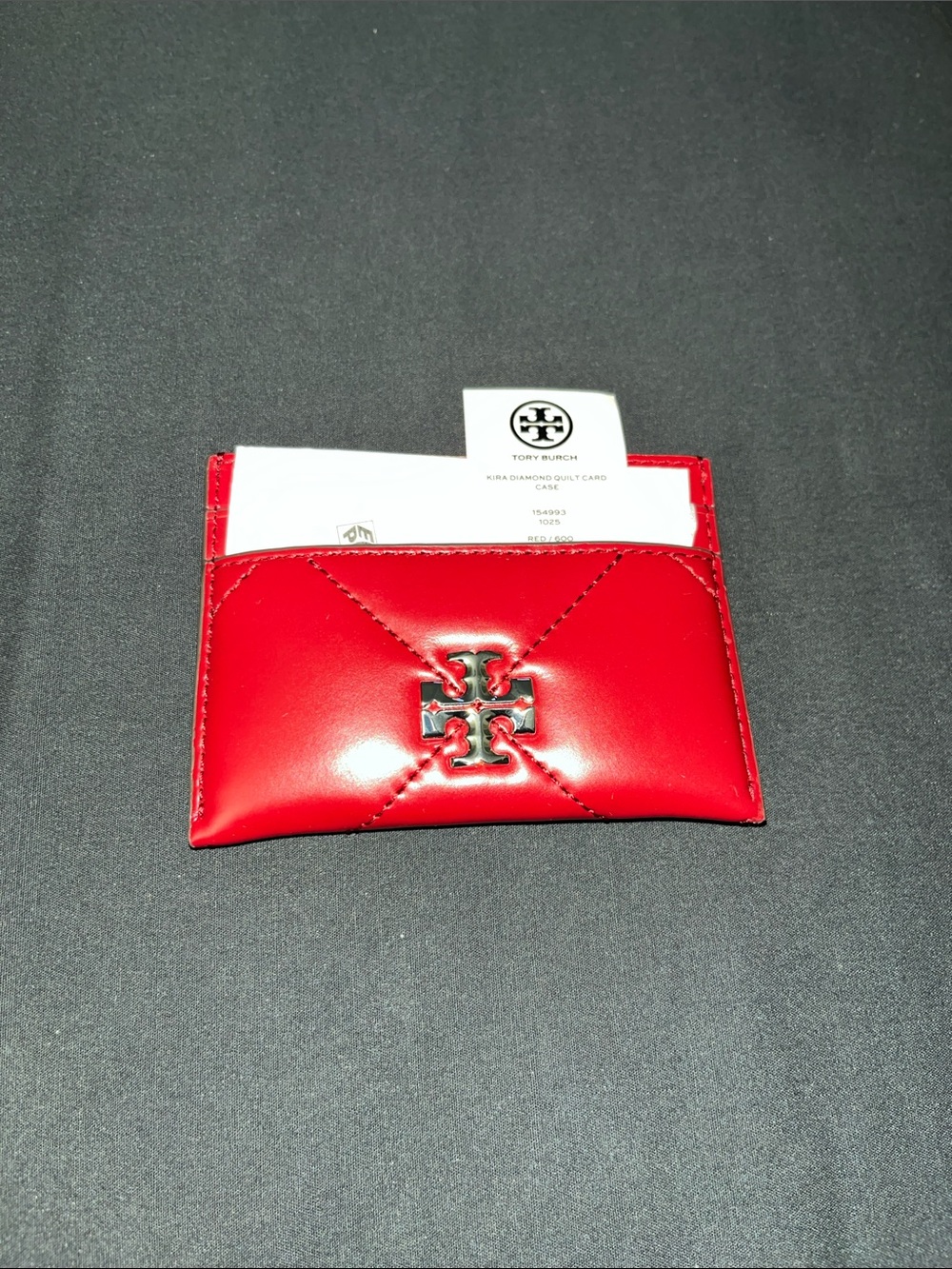 Tory Burch Red Patent Leather Slim Card Holder with Logo